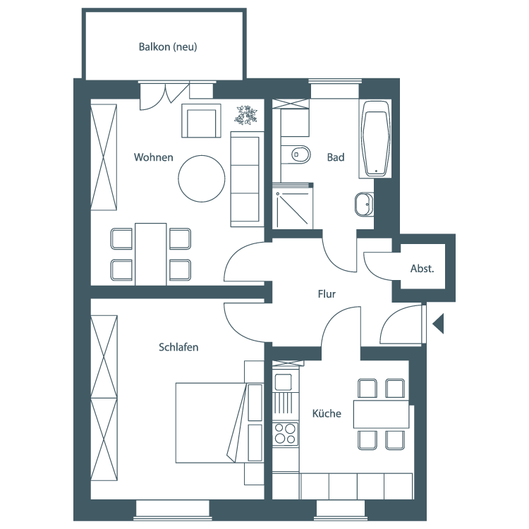 WOBAU Grundriss Zwei-Raumwohnung 